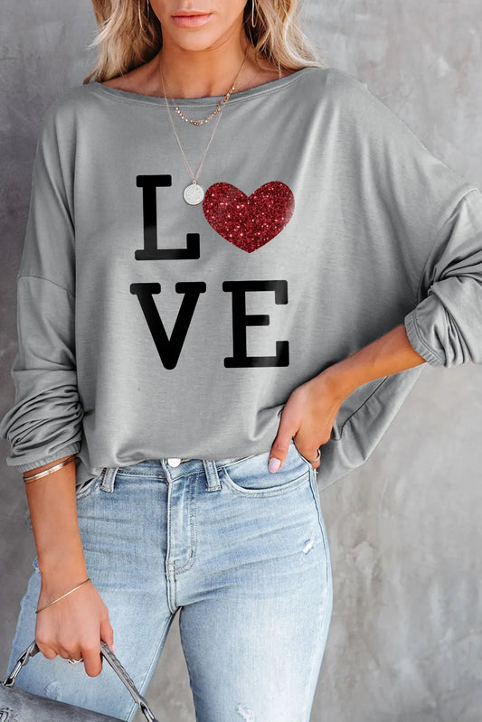 Long Sleeve Gray Top with Glitter Heart