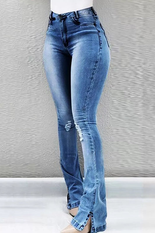High Wasted Ripped Flare Jeans  with Split Legs