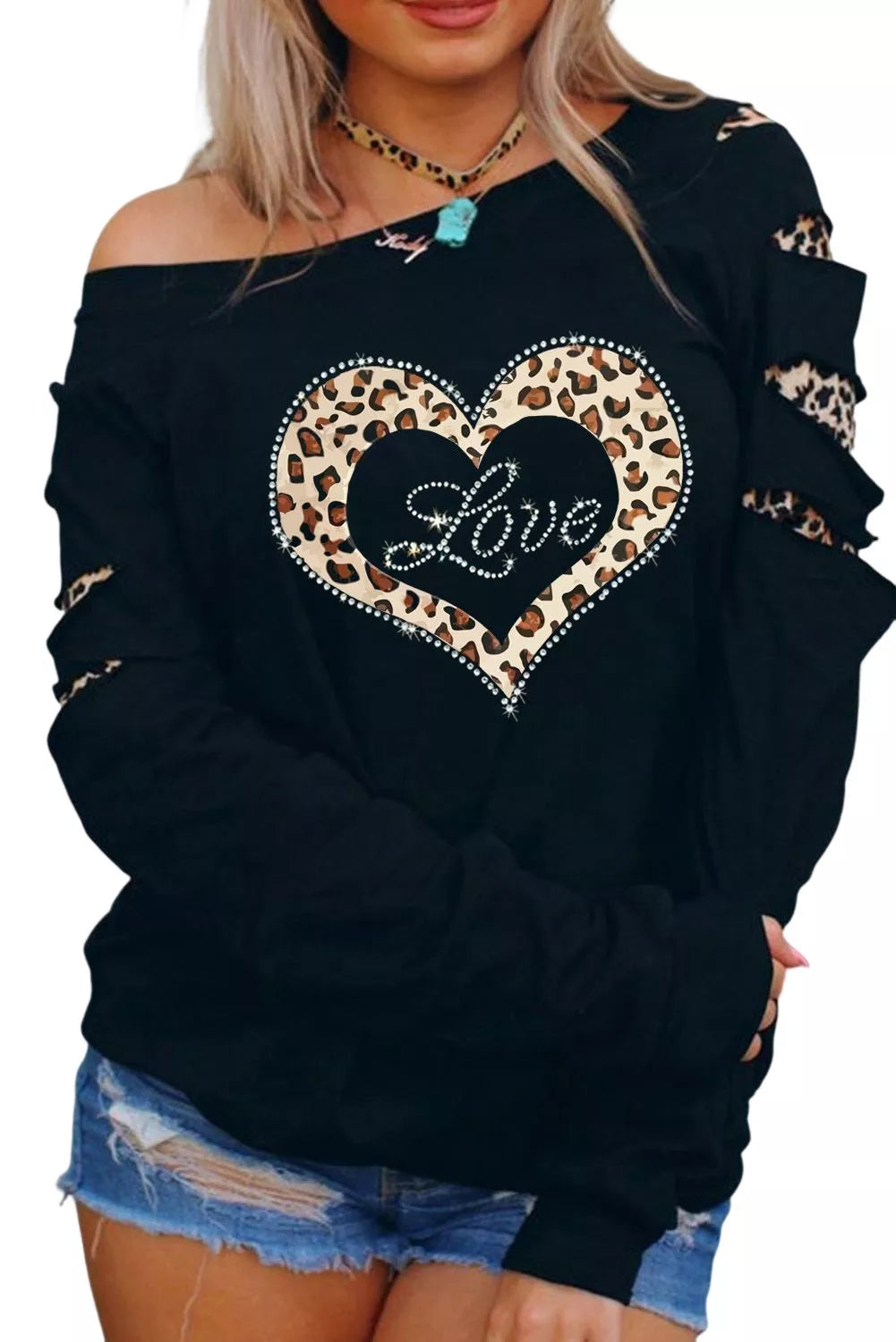 Leopard Print Cut Sleeve Sweat Shirt